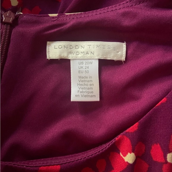NWT London Times Women's Floral Printed Jersey A-line Midi Berry/Coral Sz 20W - Picture 5 of 7